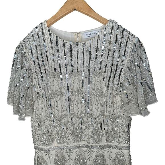 Mac Duggal Nude Silver Embellished Flutter Sleeve High Neck Dress 6 - Picture 5 of 13